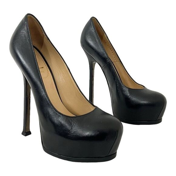 YSL Saint Laurent Womens 37.5 Tribute Stiletto Heel Leather Platform Pumps - Picture 1 of 8